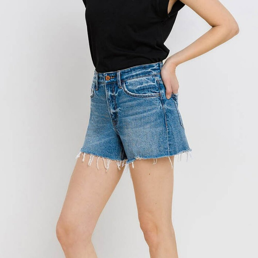 NWT Vervet by Flying Monkey High Rise Distressed Hem A-Line Shorts In Swan River - Picture 4 of 11